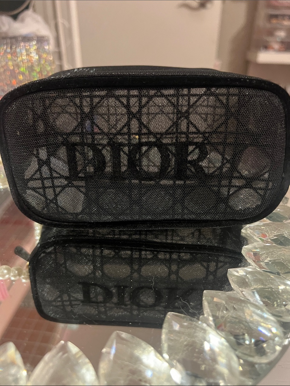 Dior Black Mesh Cosmetic Pouch with Pearl Strap - Picture 2 of 5